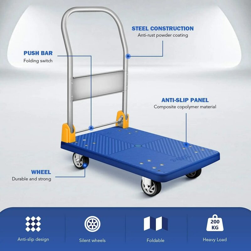 Грузовик платформенный с грузоподъемностью 360 фунтов и поворотными колесами на градусов, складная тележка с нажимной ручкой для погрузки и хранения, синий