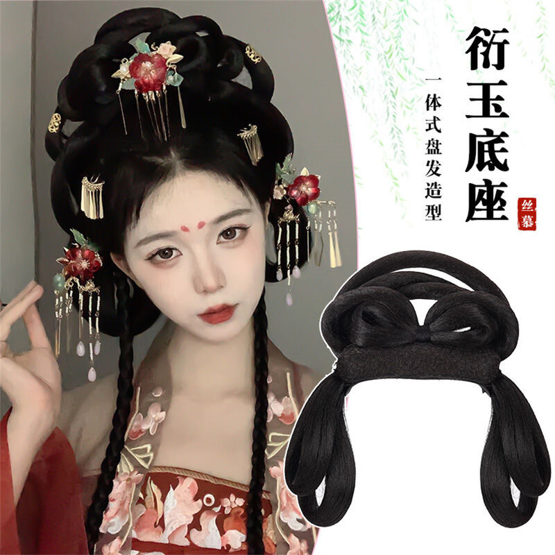 Chinesische alte Perücke Frauen Hanfu Perücken Kopfschmuck Fotografie Tanz zubehör Perücken schwarz für Frauen integrierte Haar Brötchen hoch tem