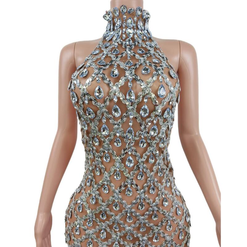 美しいダイヤモンドのきらめくドレス,セクシーなイブニングドレスの新しいトレンド,ハイカラー,透明,カクテルドレス,y2301009