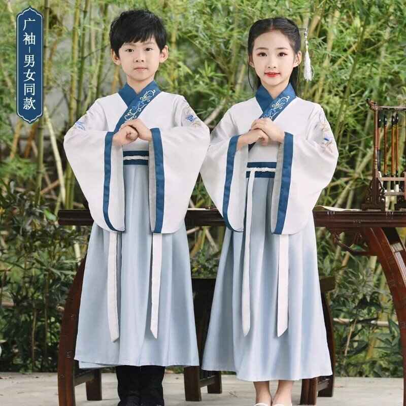 한푸 소년 소녀 전통 중국 원피스 학교 옷 스타일, 고대 어린이 공연 학생, 레드 모던 한푸 키즈