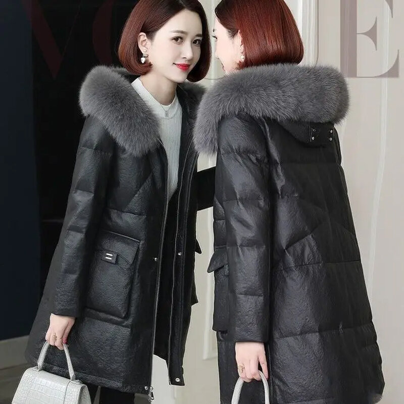Женское зимнее пальто, Женское пальто большого размера из искусственной кожи с большим меховым воротником, средней длины, пальто из искусственного лисьего меха для женщин, женская одежда 2023