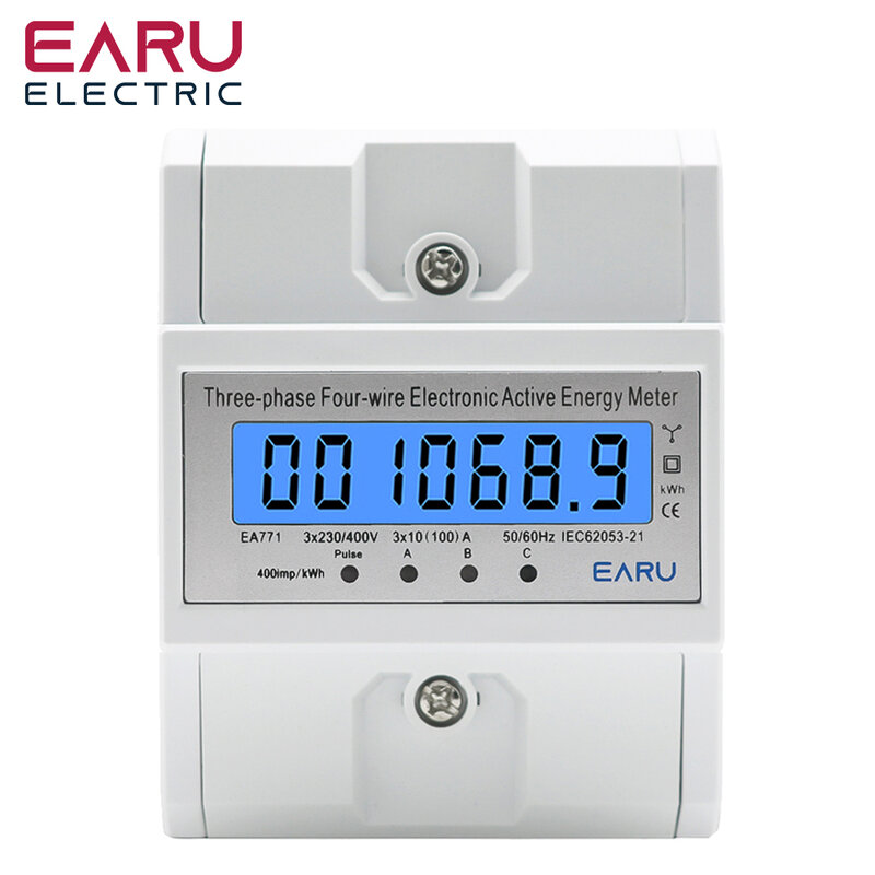 Din Rail AC 230 380V 3 Phase 4 Wire Energy Meter Power Consumption Monitor kWh Meter Wattmeter Bivolt 100A 50/60Hz LCD Backlight