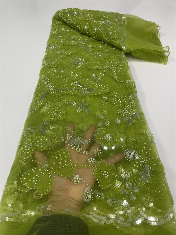 Tela de encaje africano para vestido de fiesta, tejido francés de alta calidad con lentejuelas y flores 3D, bordado de cuentas, tul, 2024