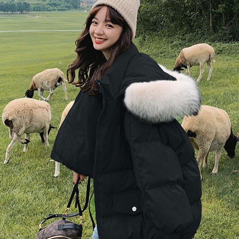 Abrigo de plumón de algodón para mujer, Chaqueta corta holgada, gruesa y cálida, con cuello de piel y capucha, versátil, para invierno, novedad de 2023