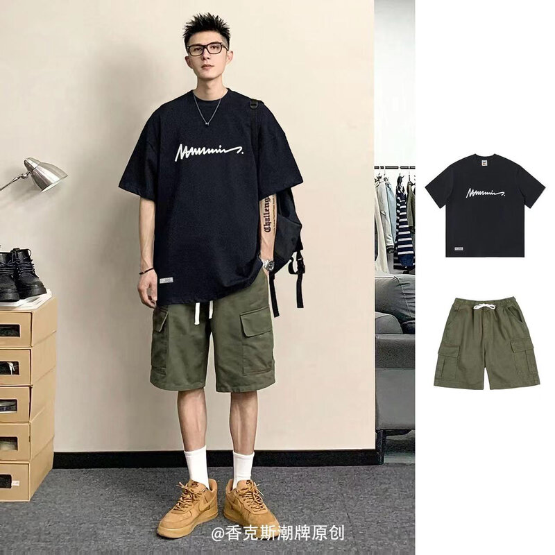 2024 New Summer Print Pure Cotton Short Sleeve T-shirts Shorts Suit Streetwear Student Loose Tops Man Outdoor Casual Clothing