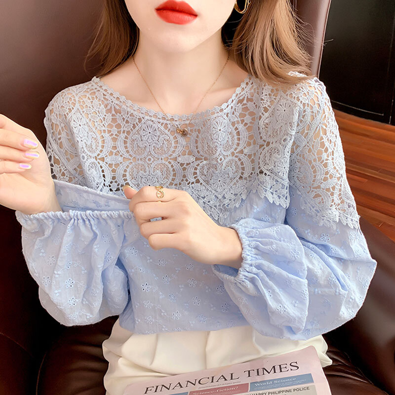 Blusa De lino y algodón con cuello redondo para Mujer, blusa holgada De manga larga con encaje bordado, 23185