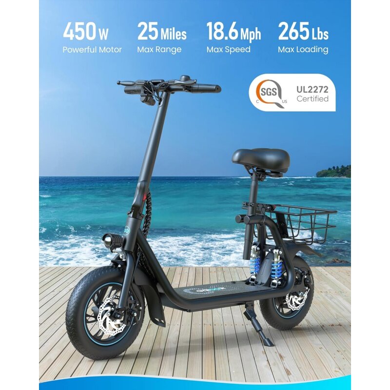Электрический скутер Gyroor для взрослых с сиденьем, диапазон 20/25 миль, двигатель 450 Вт, ЖК-дисплей с скоростью до 15,5/18,6 миль/ч, Электрический скутер