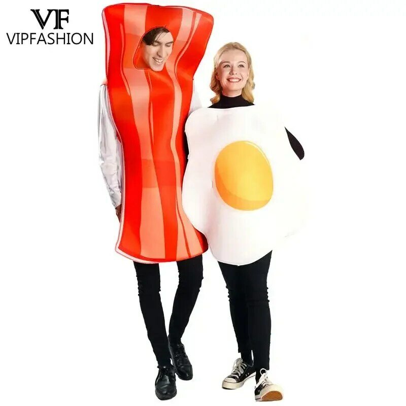 VIPFASHION Couple Poached Egg Bacon Costume Funny Food Party Cosplay Jumpsuit Unisex Halloween Adult Performance Show Outfit