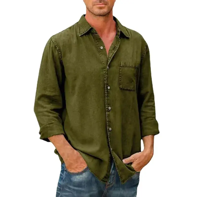 Camisa de manga larga con solapa para hombre, camisa de bolsillo sólido, botonadura única, negocios, Social, primavera y otoño