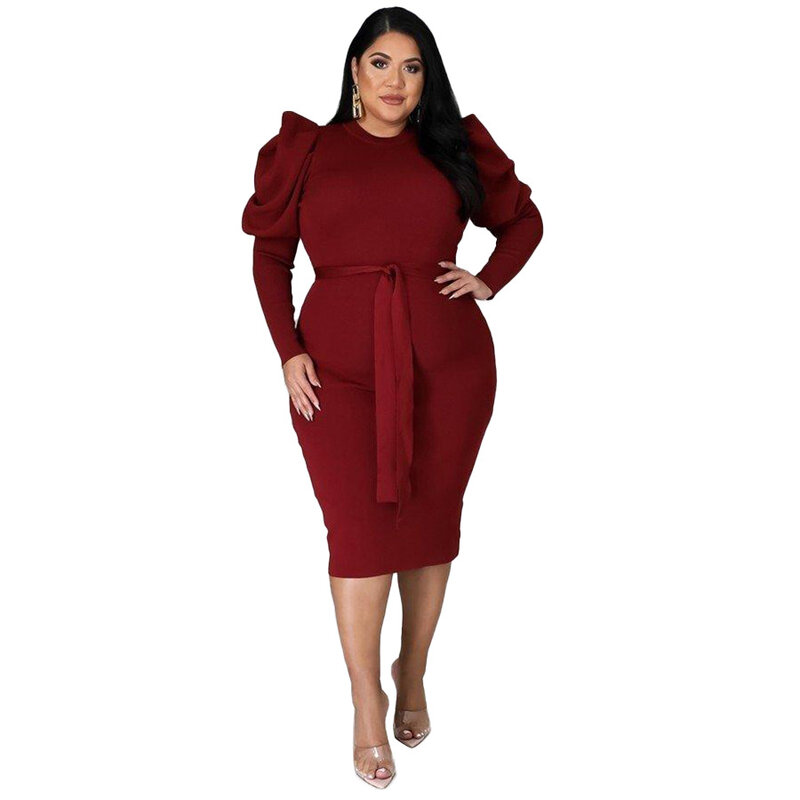 Wsfec L-4XL Plus Size Women Clothing Fall Long Sleeve Solid Color Bandage Bodycon Business Sexy Elegant Midi Dresses Wholesale