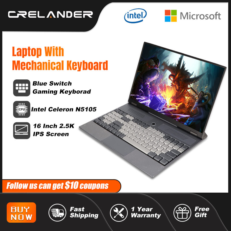CRELANDER Gamer Notebook 16 inch 2560*1600 IPS Screen Intel Celeron N5105 Windows 11 Mechanical Keyboards Gaming Laptop Computer
