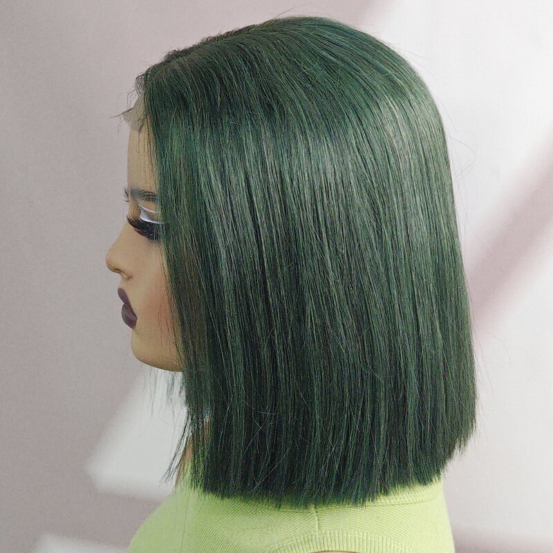 Peruca reta curta para mulheres, cabelo brasileiro pré-arrancado, densidade de 180%, cabelo humano verde, renda 2x6