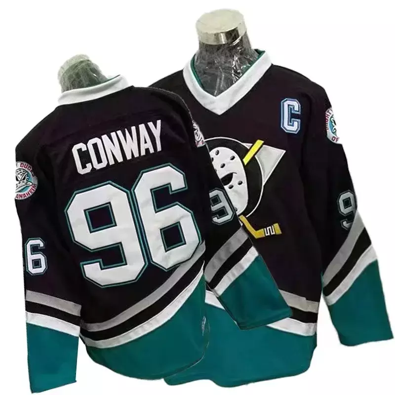 Paarse Machtige Eenden Ijshockeytruien Heren #96 Charlie Conway Allemaal Gestikt