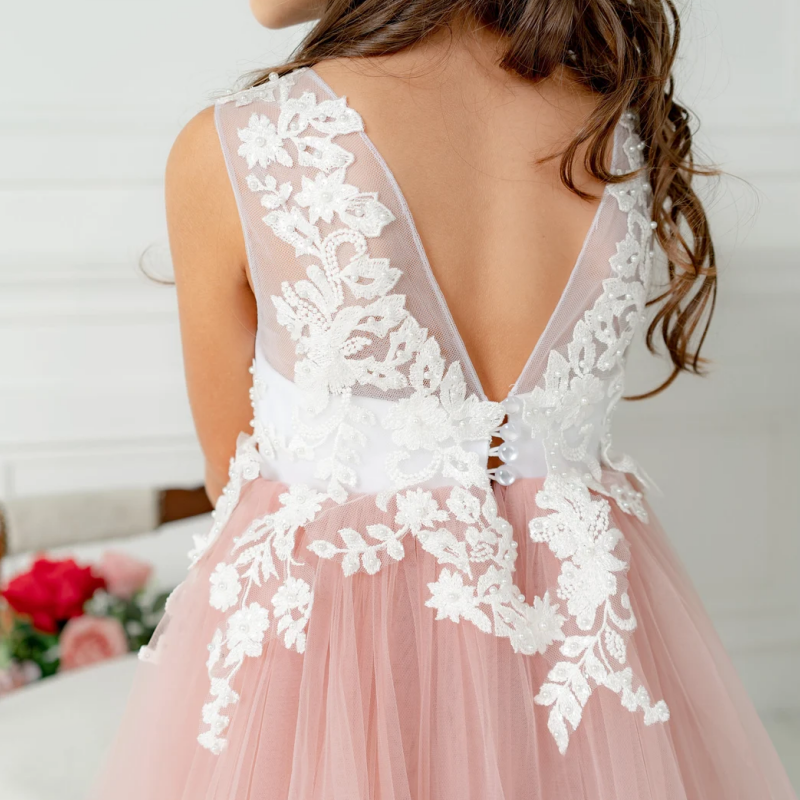 Gaun gadis bunga gaun tanpa lengan applique putih Puffy Tulle merah muda berdebu untuk pesta ulang tahun pernikahan jamuan gaun Komuni Pertama