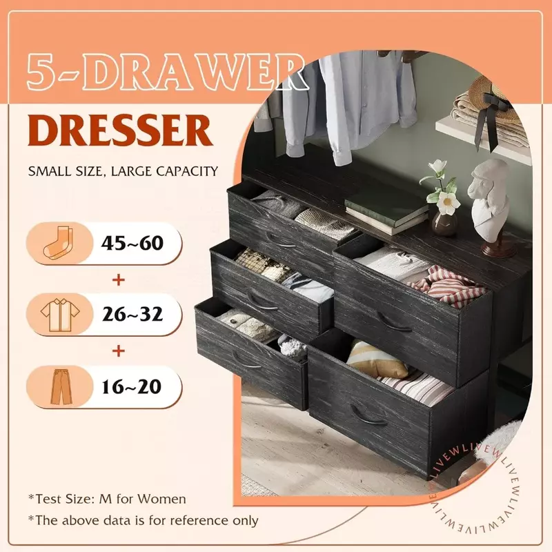 Dress 5 Drawers, Wide Bedroom Dress with Drawer Organizer, Chest of Drawers, Living Room Fabric Dress