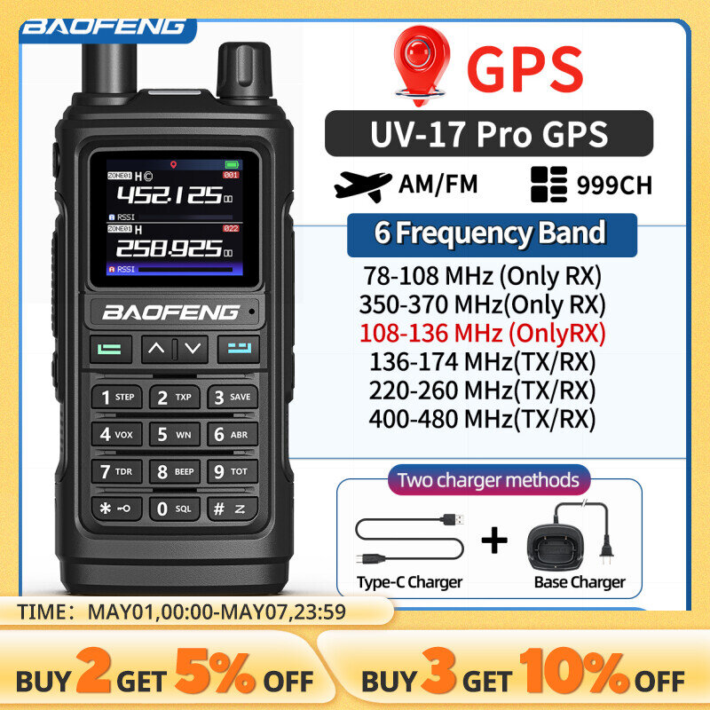 Baofeng Walkie Talkie GPS UV 17 Pro, Walkie Talkie Air jangkauan penuh frekuensi salinan nirkabel Radio dua arah Tipe C UV K5 Plus Radio Ham
