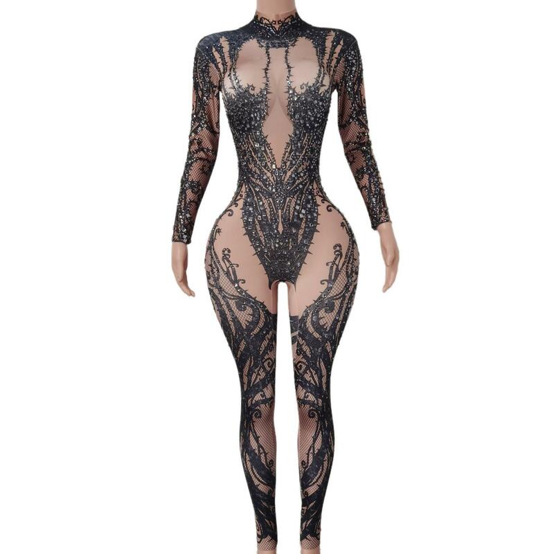 Fashion Crystal Long Sleeve Bodycon Jumpsuits Showgirl Stage Costumes Nightclub Dance Bodysuits Celebrate Party Outfits X1812010