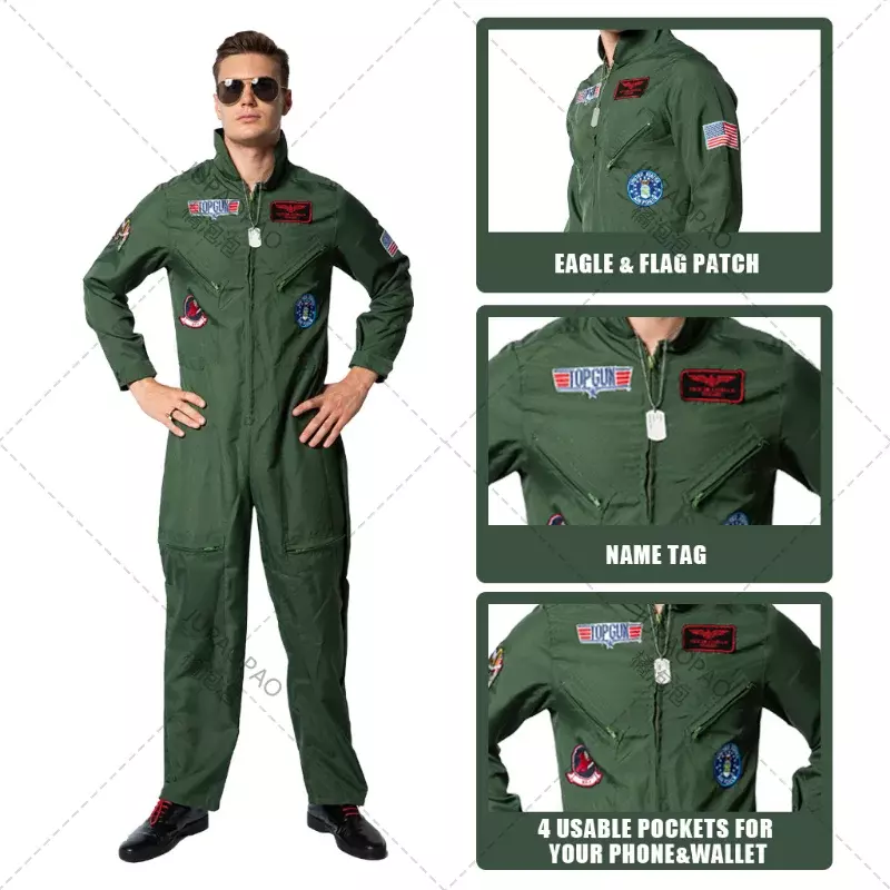 Top Gun Movie Cosplay American Airforce Uniform Halloween Costumes for Men Adult Army Green Pilot Jumpsuit  Astronaut
