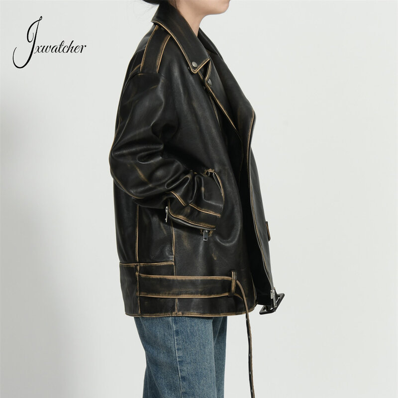Jxwatcher-سترة جلدية حقيقية للنساء ، معطف جلد أصلي فضفاض للسيدات ، معطف نسائي ، جودة عالية ، وصول جديد ، الربيع والخريف ، ، ، ، ،