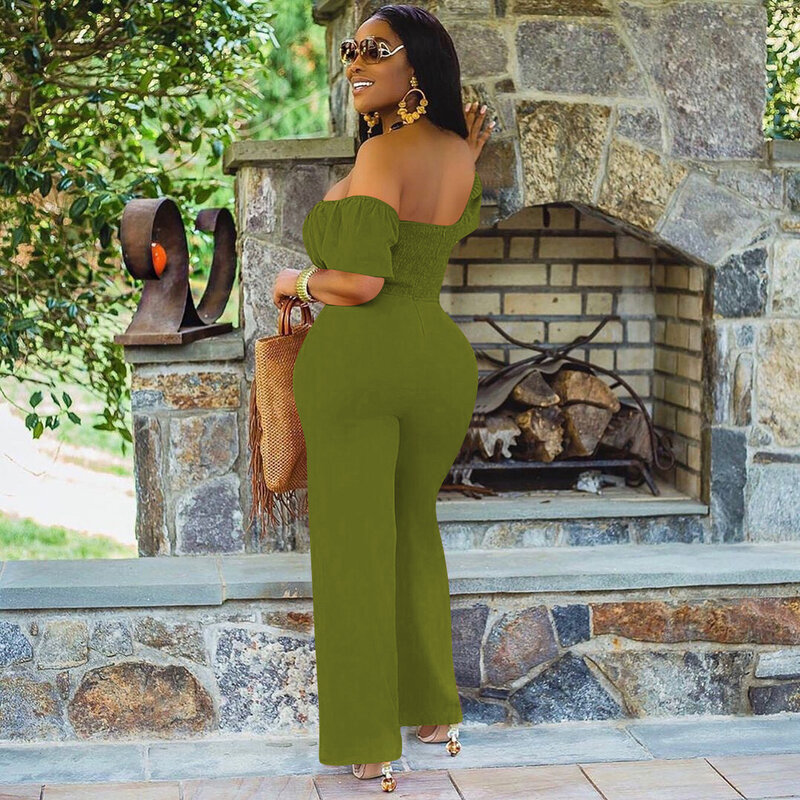Stylish Women's Elegant One-Shoulder Jumpsuit Spring Solid Color Wide-Leg Pants Lady's High-Waisted Casual Jumpsuit