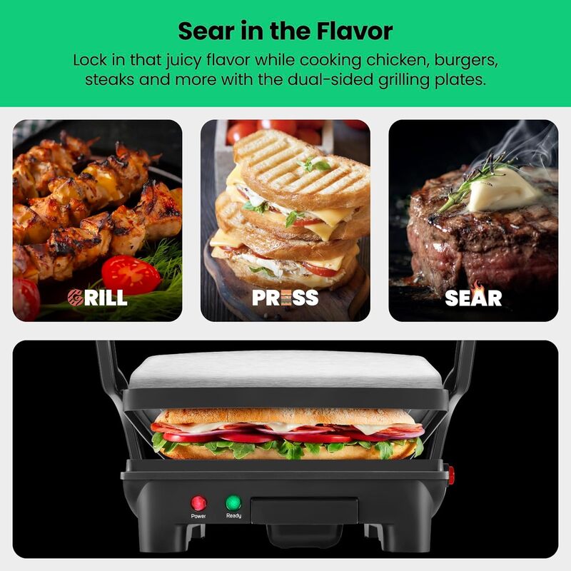 Chefman Panini Press Grill and Gourmet Sandwich Maker Non-Stick Coated Plates, Opens 180 Degrees to Fit Any Type or Size