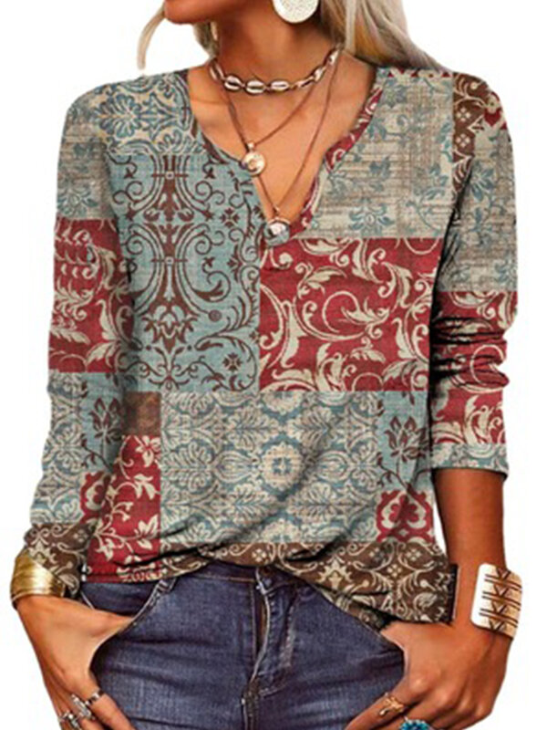Camiseta holgada de manga larga con cuello en V para mujer, ropa interior con estampado de flores, otoño e invierno, 2023