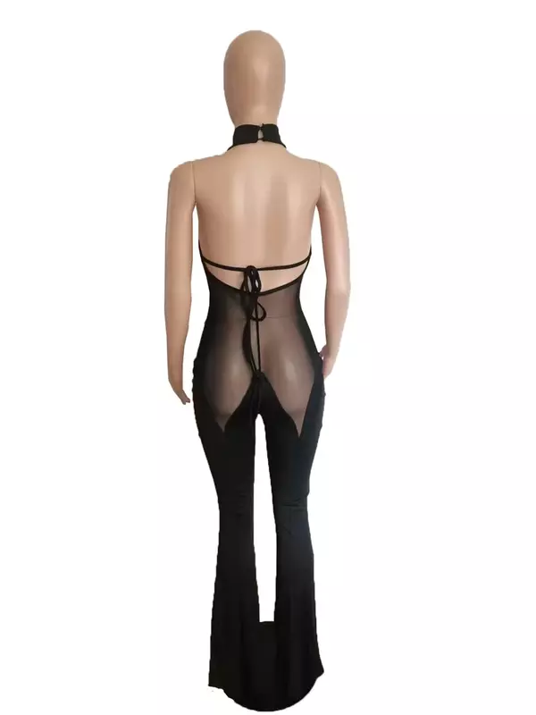Sheer Mesh Patchwork Flare Jumpsuit Women Sexy Halter Lace Up Backless Boot Cut Pants Club Party Overalls Female Rompers