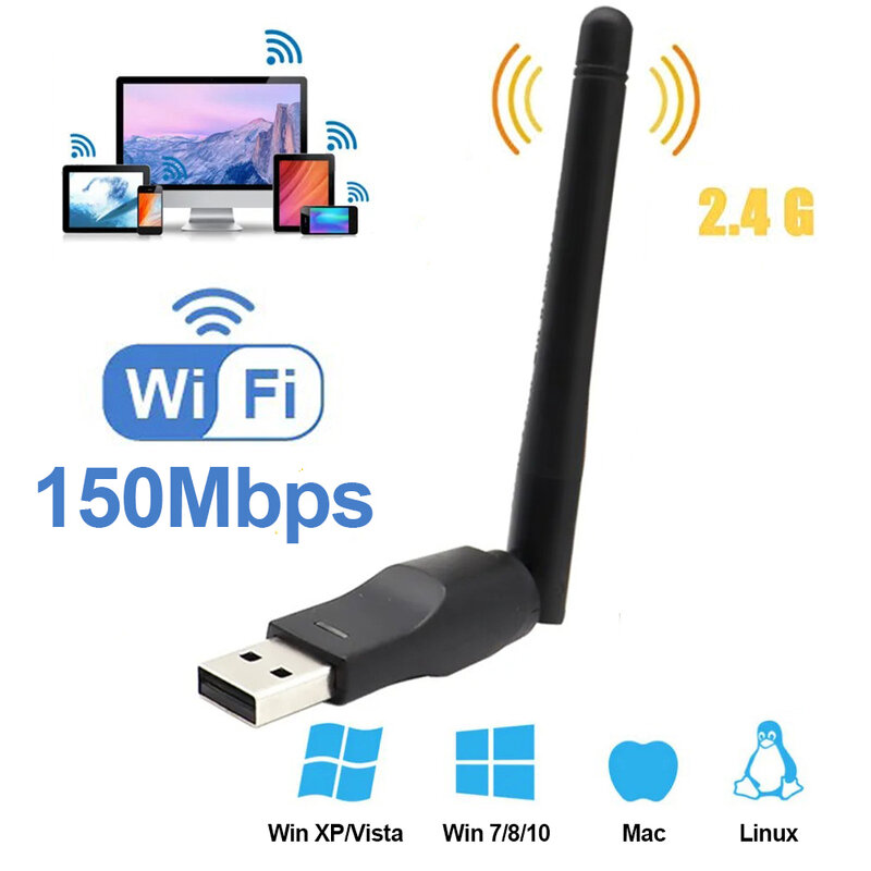 Adaptor WiFi USB Mini MT7601, 150Mbps 2.4GHz kartu jaringan nirkabel 802.11 b /g/n WiFi penerima LAN Dongle untuk Set kotak atas RTL8188