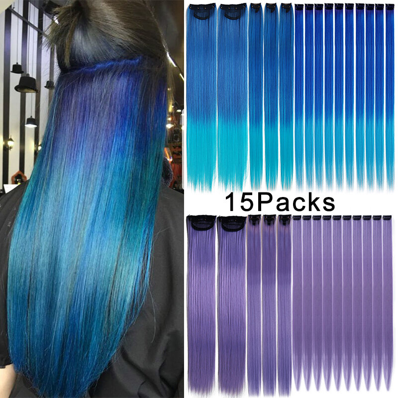 17 Clips Colored Clips In Hair Extension Rainbow Synthetic Straight Hair Pieces 15Packs Fake Hair Extensionsion for Kids Girls