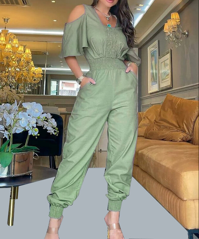 jumpsuit women 2023 New Autumn Fashion Casual Daily Slimming Military Green Off Shoulder Waist Casual Jumpsuit for Women