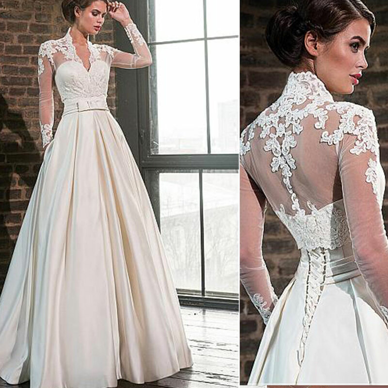 Elegant Wedding Dresses Long Sleeves Lace Satin with Pockets Wedding Gowns Bride Dress Vintage 2022 Customize  Robe De Mariee
