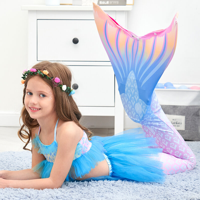 A pequena sereia caudas adequadas para meninas, traje de banho infantil, vestido de princesa, biquíni, roupa de banho infantil