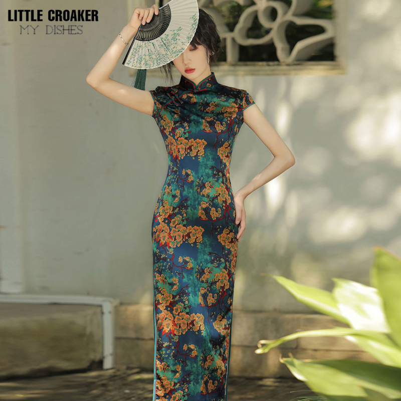 Vestido cheongsam qipao modificado para mulheres, jovem chinesa, nova chinoiserie retrô, estilo longo, menina elegante de passarela, 2023
