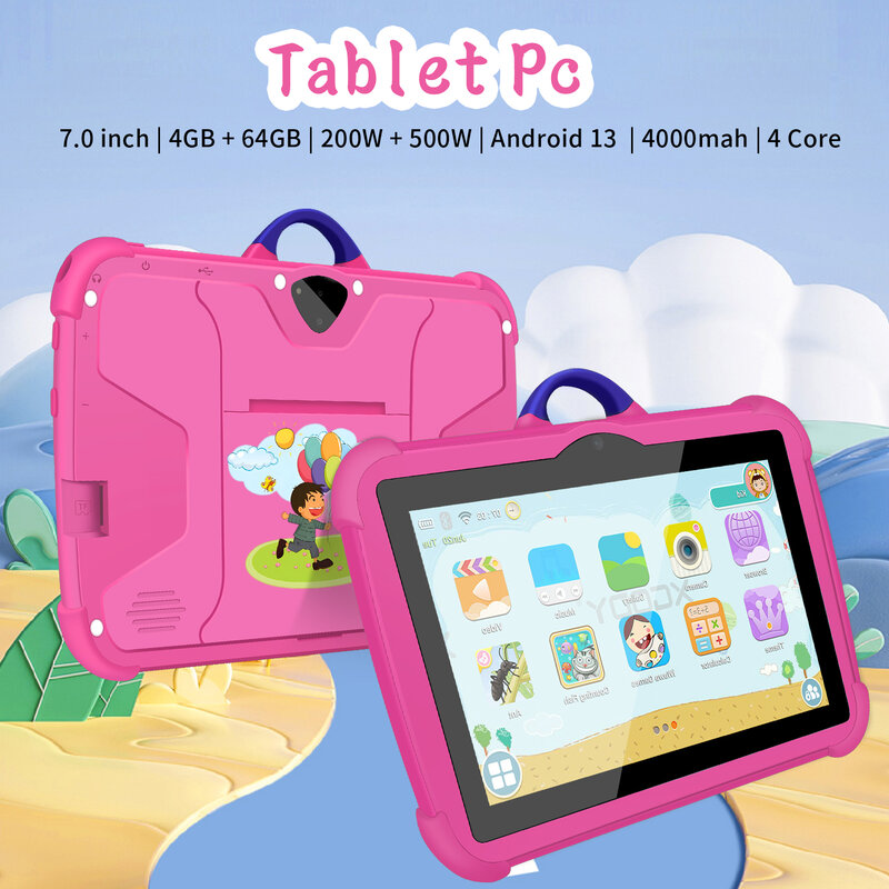 어린이 태블릿 구글 플레이 듀얼 카메라, 블루투스 와이파이, 4000Mah, 4GB RAM, 64GB ROM, 2MP + 5MP 쿼드 코어 태블릿, 최신 7 인치