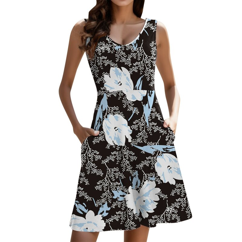 Damen Sommerkleid mit Taschen Sommer lässig Tank Kleid ärmellose Tunika Kleider für Frauen Swing Kleider für Frauen knielang
