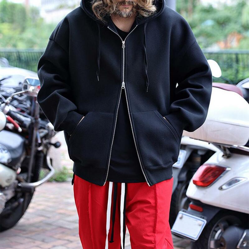 Men Hooded Jacket Men's Double Zipper Hoodie Outwear with Drawstring Pockets Solid Color Loose Fit Coat Warm Hoodies for Autumn