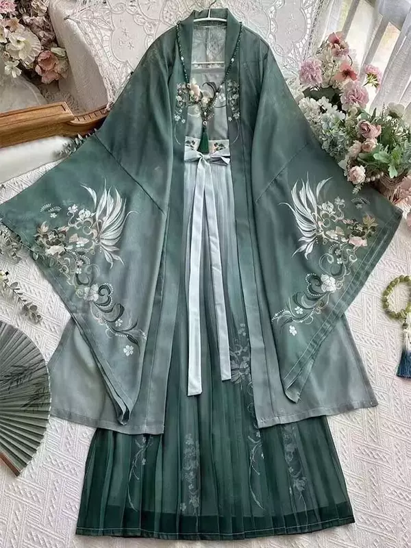 Hanfu-vestido tradicional chino para mujer, traje de Cosplay de Halloween, Hanfu verde impreso, conjuntos de 3 piezas, talla grande XL