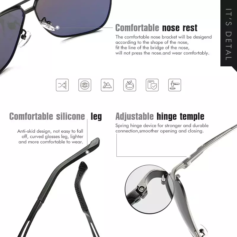Солнцезащитные очки Мужские поляризационные, квадратные фотохромные солнечные очки из алюминиево-магниевого сплава, в стиле милитари, для вождения