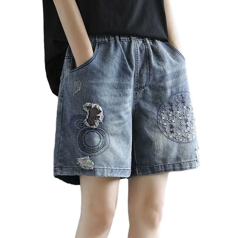 Summer Vintage High Waist Embroidery Denim Shorts 3xl Hole Loose Women Pants Fashion Elastic Waist Streetwear Wide Leg Pants