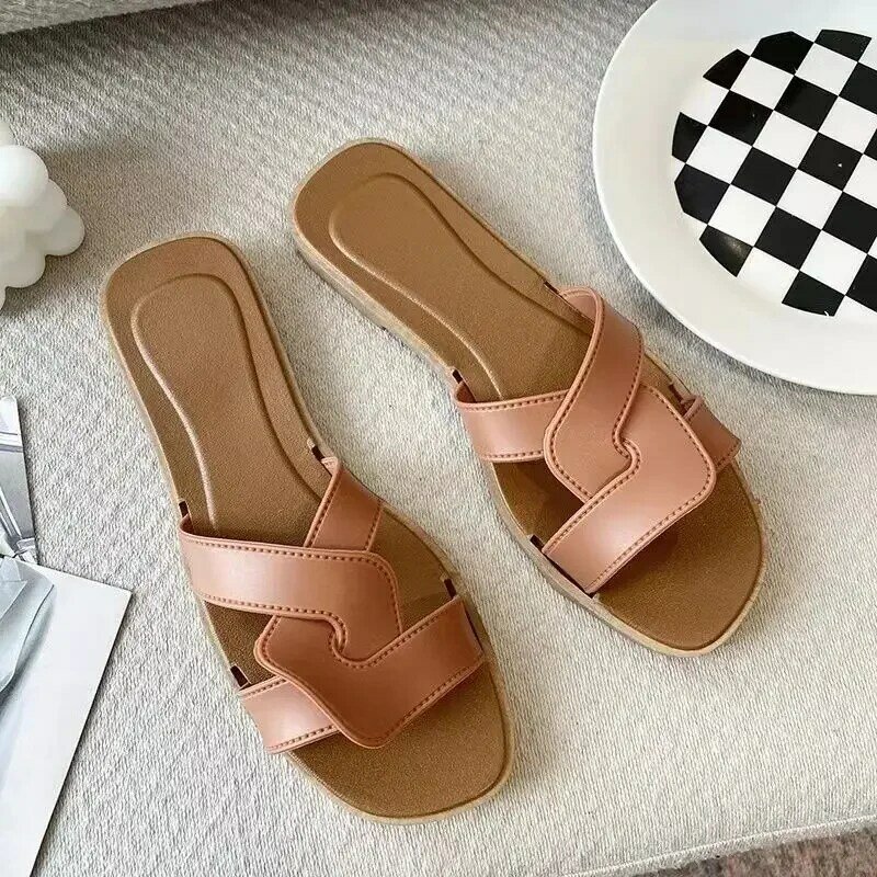 White Women's Slippers and Ladies Sandals Brown Slides Open Toe Outside Indoor Flat Shoes on Beach Black Wholesale New Fashion B