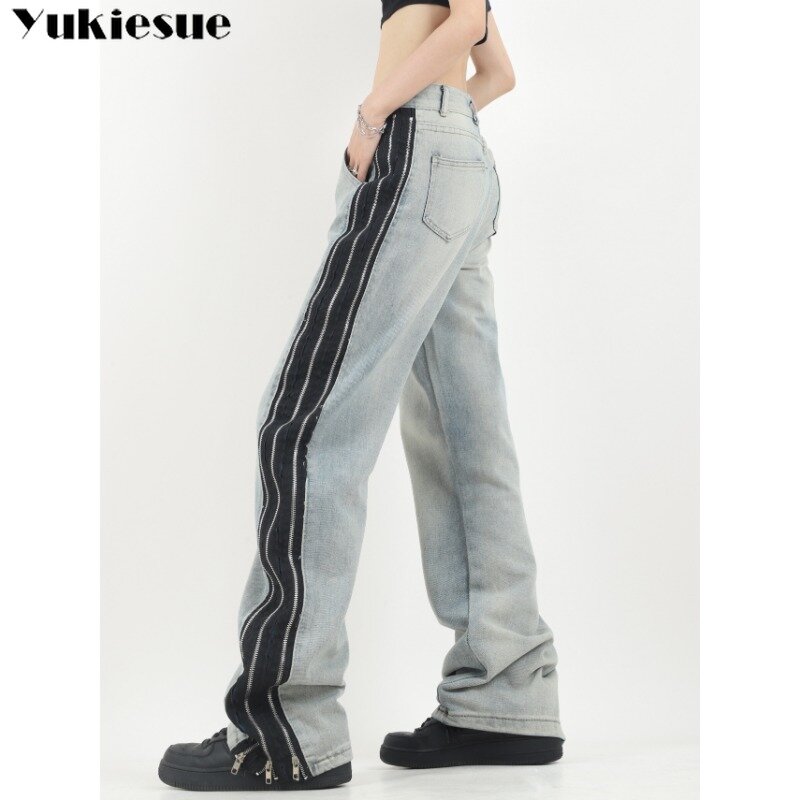 Прямые женские джинсовые брюки Y2K, модель сезона лето-осень 2023 года, женские джинсы, модные широкие брюки в стиле ретро с боковой полосой на молнии, в американском стиле