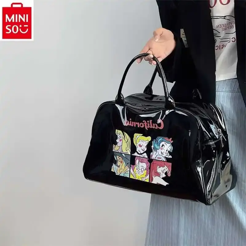MINISO tas bagasi motif kartun putri, tas perjalanan penyimpanan kebugaran kapasitas besar kualitas tinggi Retro untuk wanita