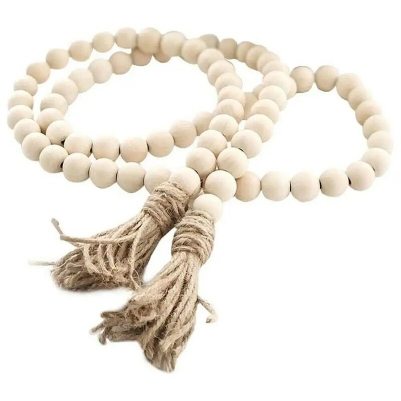 100CM Wooden Bead Garland Farmhouse Rustic Country Wall Beads Tassle Decorations Prayer Hanging R9T0