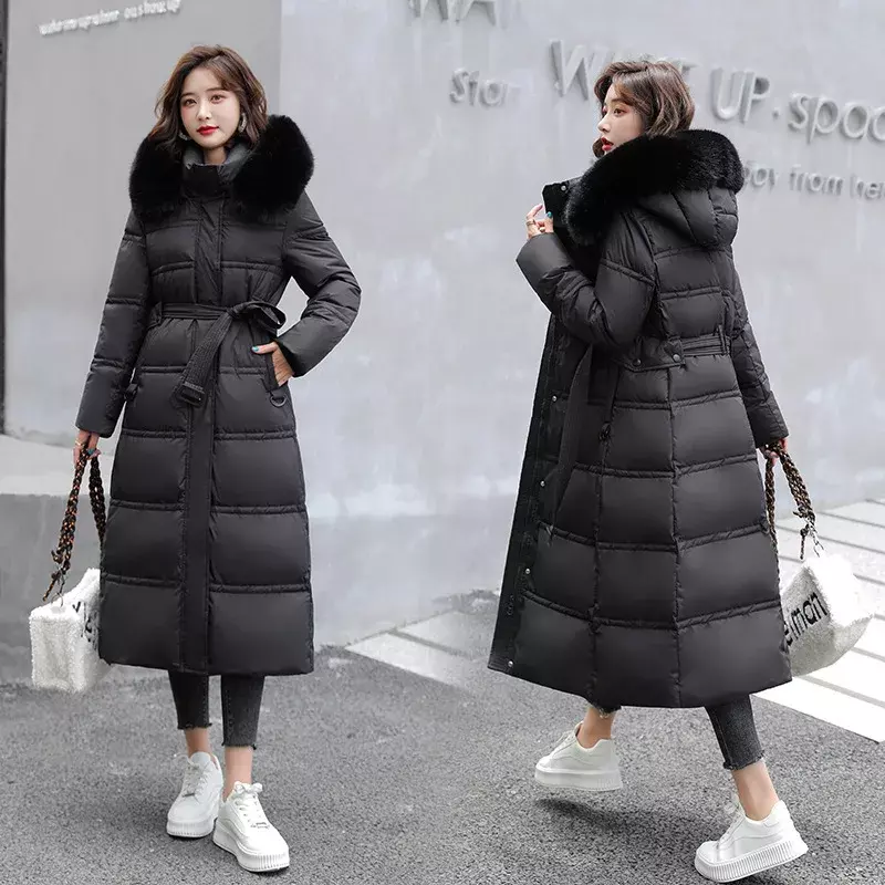 Long Down Cotton Parkas Jacket 2024 New Winter Women X-Long Faux Fur Collar Padded Jackets Thick Loose Large Size Down Overcoat
