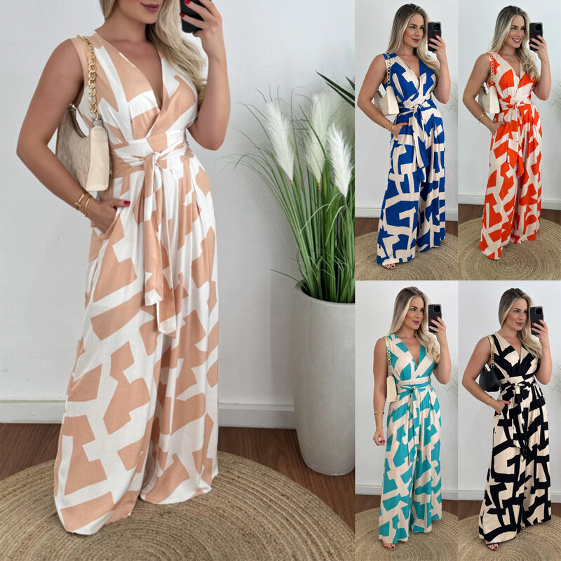 A Summer Women Long Jumpsuits Elegant Sexy V-Neck Shirred Cami Top & High Waist Pants Fashion Casual Rompers