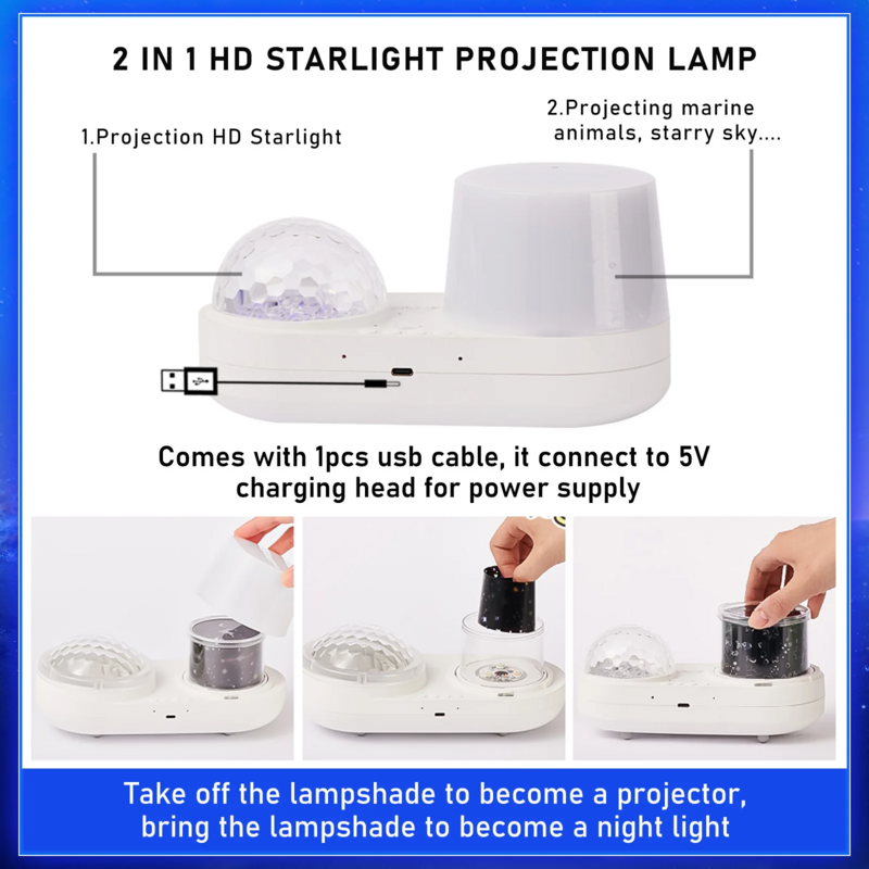 Proyector LED de cielo estrellado y Océano, lámpara de proyección con rotación de 360 grados, iluminación para decoración del hogar y dormitorio, regalo para niños