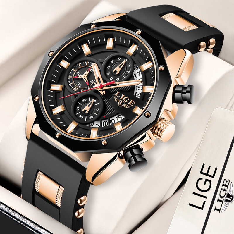 Часы наручные LIGE мужские с силиконовым ремешком, модные брендовые Роскошные Кварцевые водонепроницаемые с хронографом, с датой, 2023