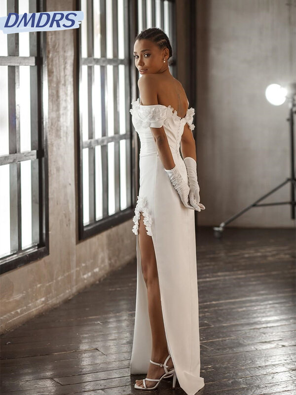 Elegant off-the-shoulder Bridal Dress 2024 Simple 3D pure white floral Wedding Dress Graceful short-sleeved Floor-length Dress