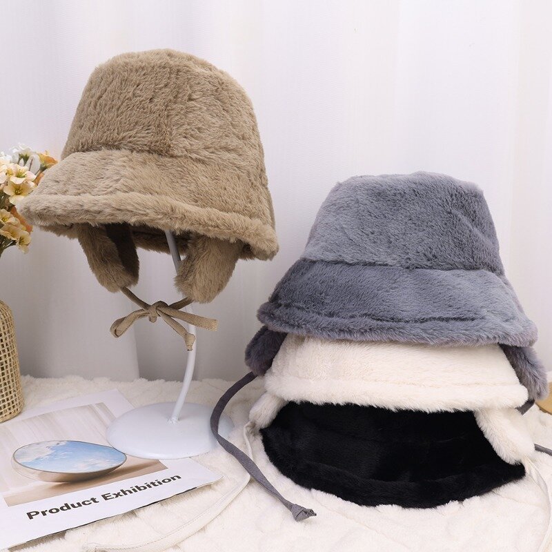 Thicken Fisherman Hat Imitation Mink Hair Ear Cap Winter Oversized Outdoor Warm Plush Fluffy Bucket Lace-up Women Fashion Hats