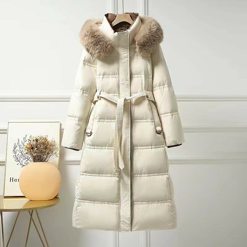 여성용 2023 패딩 화이트 덕 다운 코트, 진짜 모피 칼라, 패션 롱 코트, 따뜻한 경량 의류, 겨울 다운 재킷